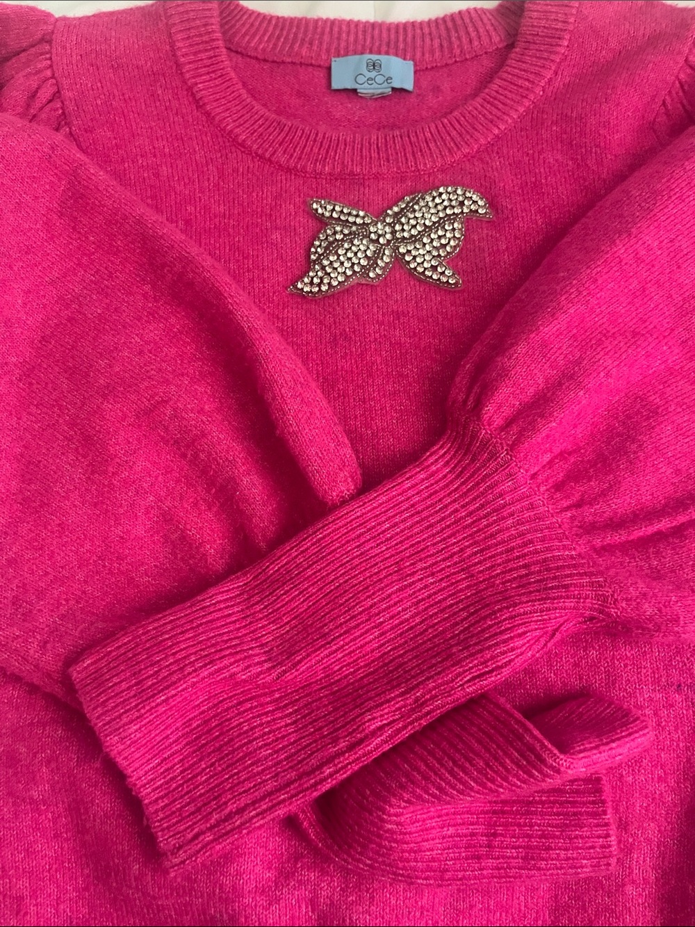 CeCe Bright Pink Puff-Sleeve Crewneck Sweater with Crystal Brooch - Picture 2 of 3